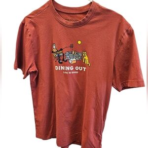 Life Is Good Dining Out Graphic Man Dog Camp Tshirt